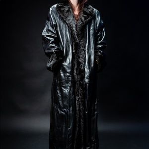 Floor Length Real Black Mink Fur & Leather Coat with Rabbit Fur Removable Lining